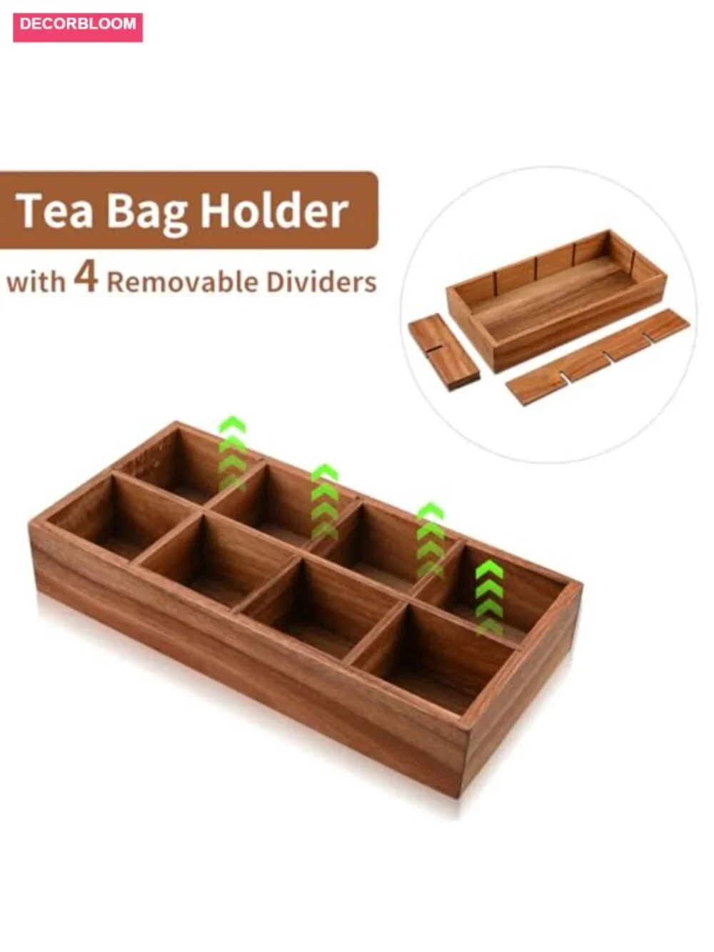 Acacia Wood Tea Bag Organizer with 8 Slots – Tea Bag Holder and Storage for